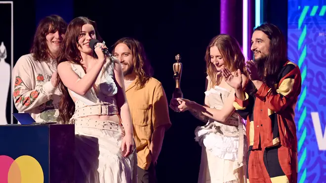 Wet Leg accept the award for Best New Artist on stage during The BRIT Awards 2023