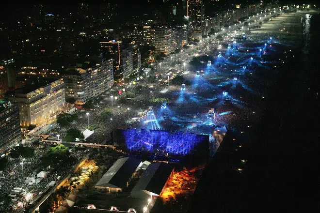 1.2 million fans watch The Rolling Stones play Copacabana Beach in Rio de Janeiro, Brazil, 18 February 2006