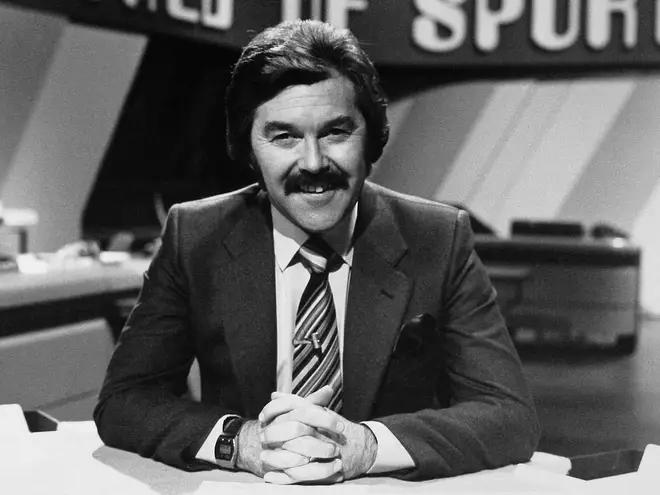 Dickie Davies at the World Of Sport desk in 1979