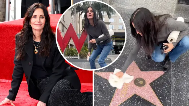 Courteney Cox cleans star on Hollwood Walk of Fame to promote Homecourt brand