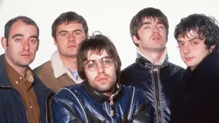 Oasis in Oasis in Munich, March 1996: Paul "Bonehead“ Arthurs, Alan White, Liam Gallagher, Noel Gallagher, Paul McGuigan
