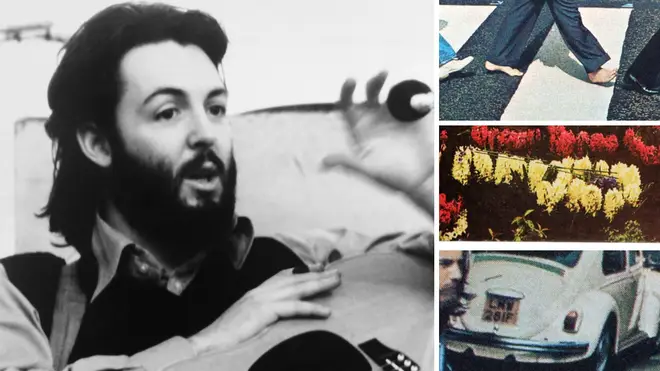 Paul McCartney in February 1969 and some of the "Paul Is Dead" clues from Beatles album covers