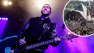 Fall Out Boy's Pete Wentz with Glastonbury's Pyramid Stage inset