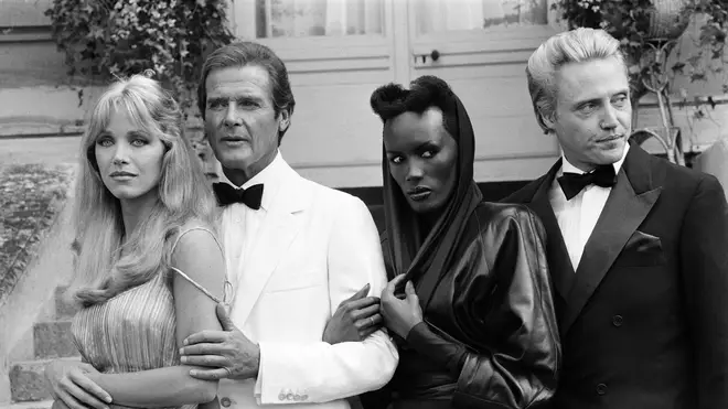 The stars of A View To A Kill in August 1984: Tanya Roberts as Stacey Sutton, Roger Moore as James Bond, Grace Jones as May Day and Christopher Walken as Max Zorin.