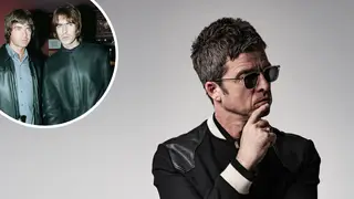 Noel Gallagher with image of Oasis inset