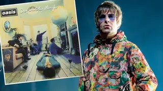 Liam Gallagher with a photo of Definitely Maybe inset
