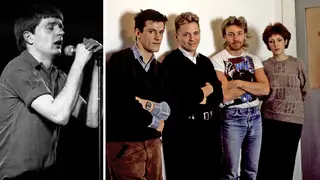 Ian Curtis in 1980 and New Order in 1984