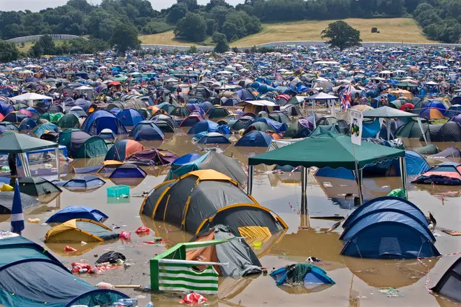 Friday morning at Glastonbury 2005, following flash floods the night before