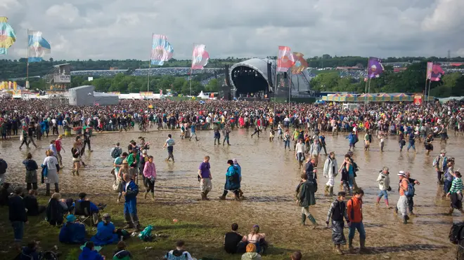 The watery field at The Other Stage, Glastonbury Festival, 2007.