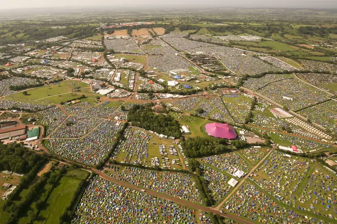 An aerial view of the Glastonbury Festival site at Worthy Farm in Somerset.