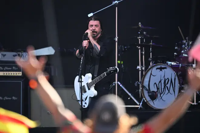 Dave Grohl of Foo Fighters performs as part of the mystery band "The Churnups" on Day 3 of Glastonbury Festival 2023 on June 23, 2023