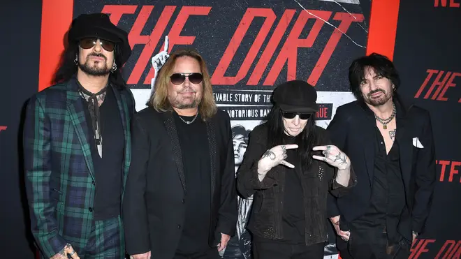 Nikki Sixx, Vince Neil, Mick Mars and Tommy Lee of Mötley Crüe arrive at the Premiere Of Netflix's The Dirt