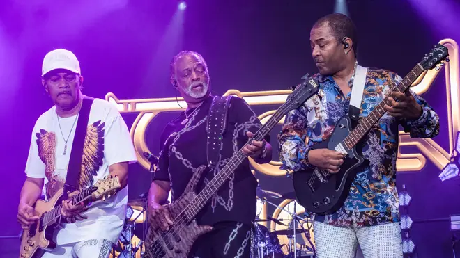Robert 'Kool' Bell  (centre) of Kool and the Gang performing at the Cambridge Club Festival, 2023, Childerley Orchard. June 11, 2023.