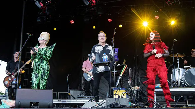 Cindy Wilson, Fred Schneider, and Kate Pierson of the B52s perform on stage at KAABOO Texas at AT&T Stadium on Sunday, May 12, 2019