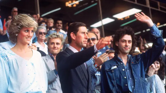 The Princess of Wales, the Prince of Wales and Bob Geldof at Live Aid