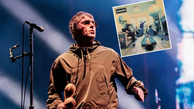 Liam Gallagher with Oasis album Definitely Maybe artwork inset