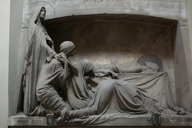 The Lamentation of Christ, as depicted on the marble funeral monument to the Appiani Family by Italian sculptor Demetrio Paernio (1910) at the Staglieno Monumental Cemetery in Genoa, Italy.