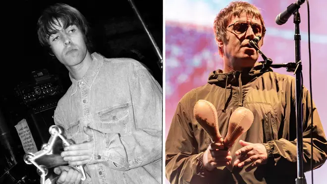 Young Liam Gallagher at The Fleece and Firkin in Bristol in March 1994; and playing Milan in July 2023