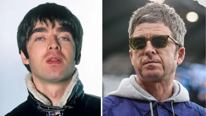 Noel Gallagher in Munich in January 1996; and at the Eithad in Manchester, May 2023.