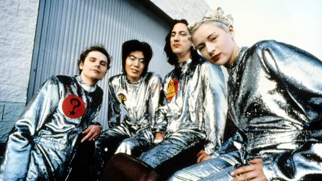 Smashing Pumpkins in the video for the Rocket single: Billy Corgan, James Iha, Jimmy Chamberlin and D'Arcy