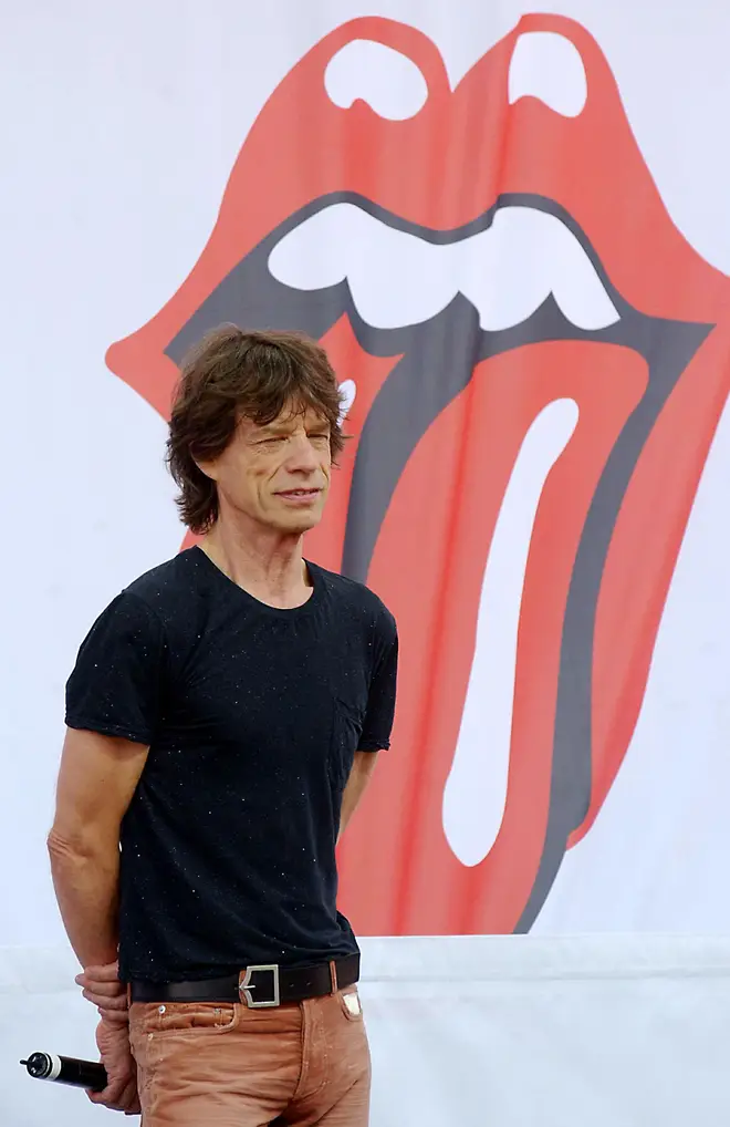Mick Jagger and the famous Rolling Stones lips logo in 2005
