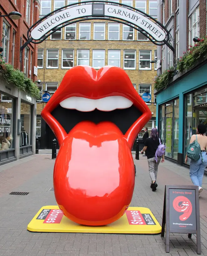 The Rolling Stones lips logo rolls out for the opening of the band's pop up store in Carnaby Street, September 2020.