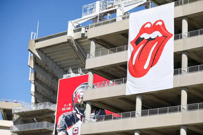 The iconic logo for the Rolling Stones is seen draped on Raymond James Stadium in Tampa, February 2020