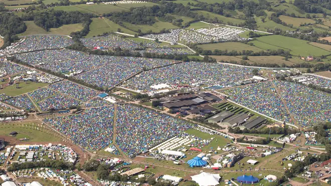 An aerial view of the camping site on the second day of the Glastonbury Festival at Worthy Farm in Somerset.