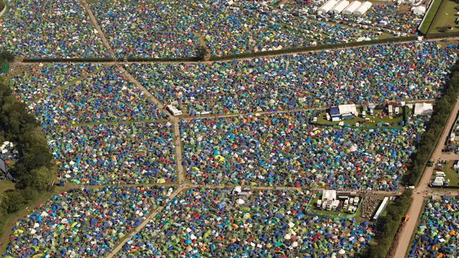 An aerial view of the camping site on the second day of the Glastonbury Festival at Worthy Farm in Somerset, 27 June 2019