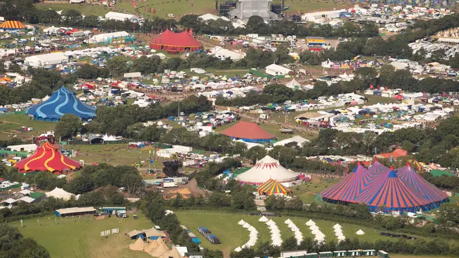 An aerial view of the camping site on the second day of the Glastonbury Festival at Worthy Farm in Somerset, 27 June 2019