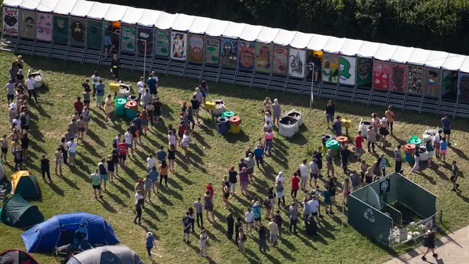 An aerial view of festival goers queuing for the toilets on the second day of the Glastonbury…