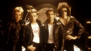 Queen on the set of the video for Crazy Little Thing Called Love, 21st September 1979: Roger Taylor, John Deacon, Freddie Mercury and Brian May