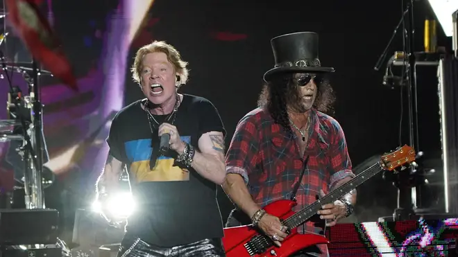 Axl Rose and Slash from Guns N' Roses performing on the Pyramid Stage at Glastonbury Festival in June 2023