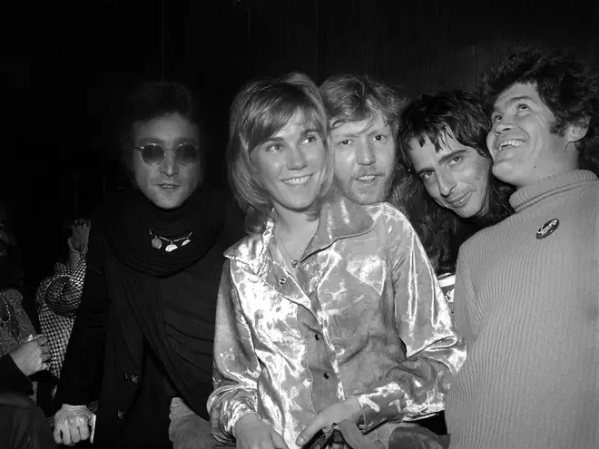 The "Hollywood Vampires" in action at Thanksgiving, 1973: John Lennon, singer Anne Murray, Harry Nilsson, Alice Cooper and former Monkee Micky Dolenz.