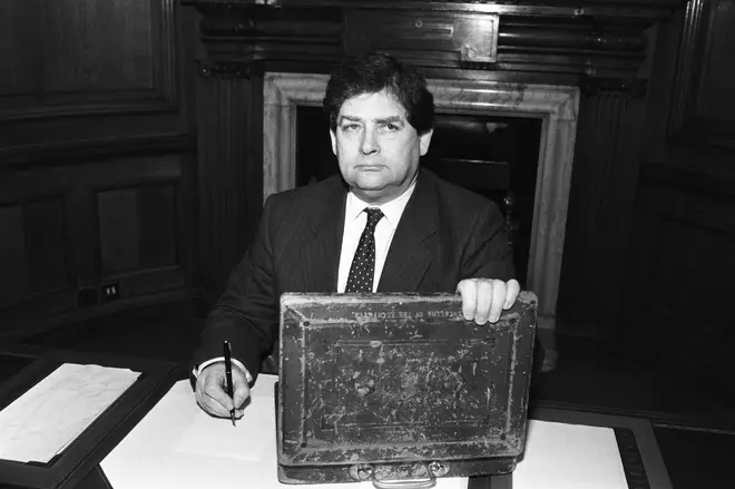 Nigel Lawson at work on the budget in March 1989