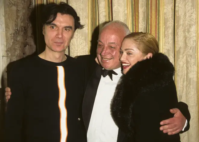 Seymour Stein with two of Sire's greatest signings: David Byrne of Talking Heads and Madonna; New York City, 1996