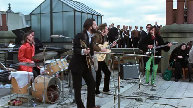 The Beatles' rooftop concert in January 1969: Ringo Star, Paul McCartney, John Lennon and George Harrison.