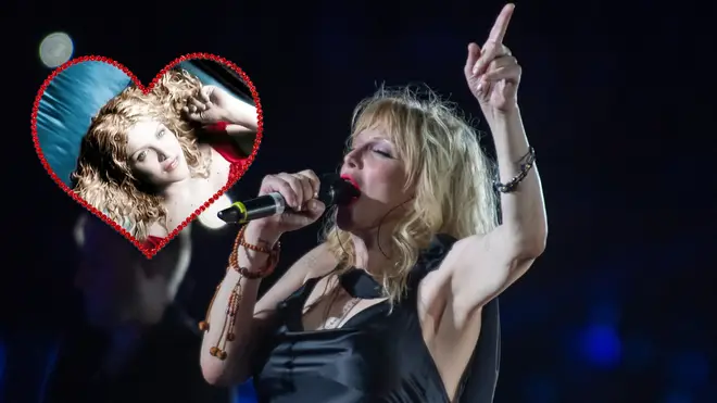 Courtney Love perfoms with the Rockin'1000 in Italy and in Hole's Celebrity Skin video inset