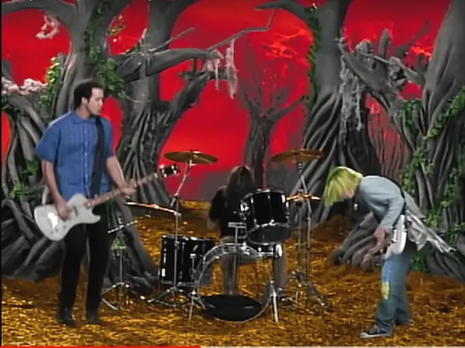 Nirvana on the surreal set for the Heart-Shaped Box video: Krist Novoselic, Dave Grohl and Kurt Cobain.