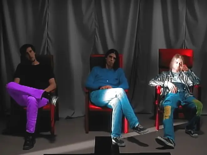 Nirvana in the Heart-Shaped Box video" Krist Novoselic, Dave Grohl and Kurt Cobain.