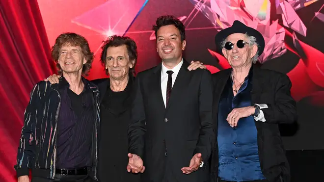 Mick Jagger, Ronnie Wood, Jimmy Fallon and Keith Richards at the launch of the new Rolling Stones album Hackney Diamonds.