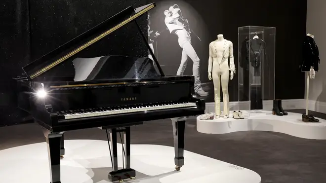 The piano belonging to Freddie Mercury is seen at 'Freddie Mercury: A World Of His Own', a free public exhibition of Freddie Mercury's personal collection at Sotheby's.