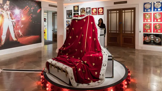 Freddie Mercury's crown and accompanying cloak, in fake fur, red velvet and rhinestones, made by his friend and costume designer Diana Moseley.