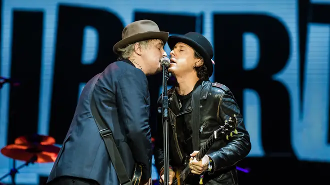 Pete Doherty and Carl Barat performing with The Libertines at Lollapalooza Brazil, March 2022