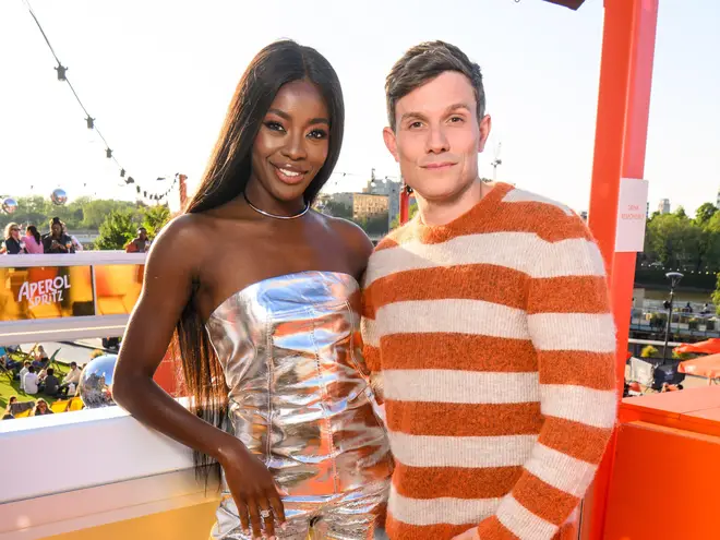EDITORIAL USE ONLY AJ Odudu and Will Best at the opening of the Aperol Spritz Aperidisco at Battersea Power station in London. Picture date: Thursday June 1, 2023.