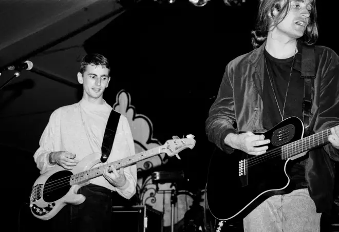 Jim Glennie (bass) and Sau Davies (guitar) from James in 1992