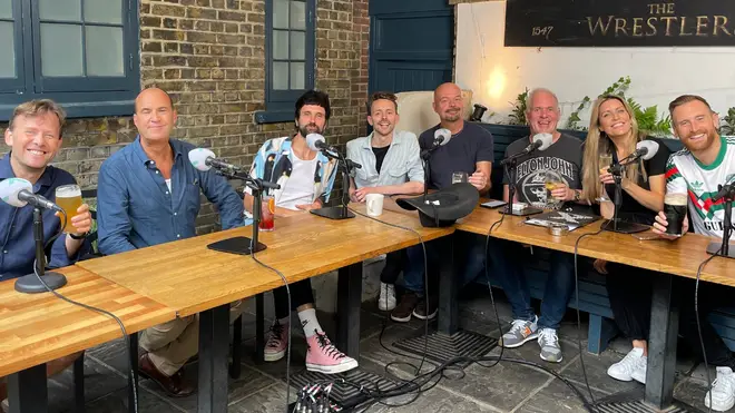 The cast of The Chris Moyles Show Pubcast 2023: Drunk Alan, Johnny Vaughan, Serge Pizzorno, Producer James, Dominic Byrne, Chris Moyles, Pippa and Toby Tarrant!