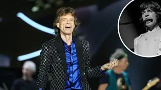 The Rolling Stones' Sir Mick Jagger with photo of the legend in 1973 inset