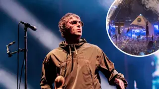 Liam Gallagher with Glastonbury's Pyramid Stage inset