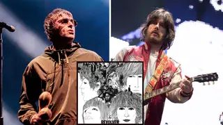 Liam Gallagher, The Stone Roses John Squire and The Beatles Revolver album artwork insset